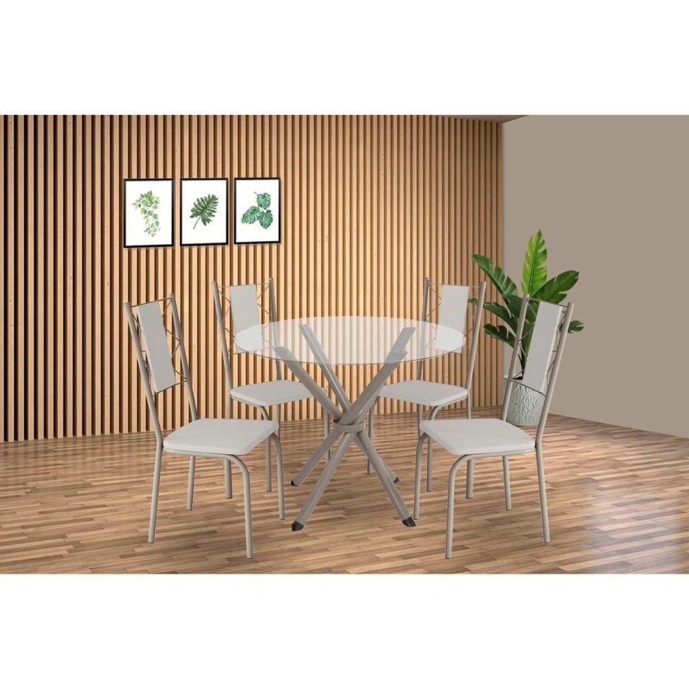 Conjunto: Mesa Sala Jantar Volga C- Tampo De Vidro 95cm E 4 Cadeiras Lisboa Niquel - Courano Branco - Kappesberg - 1