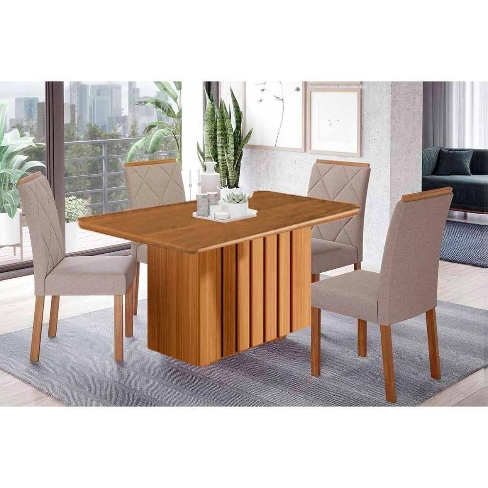 Conjunto: Mesa De Cozinha Ana Tampo Madeirado 130x80cm E 4 Cadeiras Fernanda Cinamomo - Carvalho-linho Bege - Cimol - 1