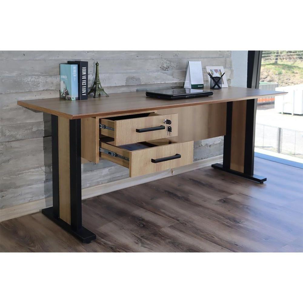 Mesa De Computador Me-4193 C- 2 Gavetas (1 C- Chave) Amêndoa-preto - Tecno Mobili - 3