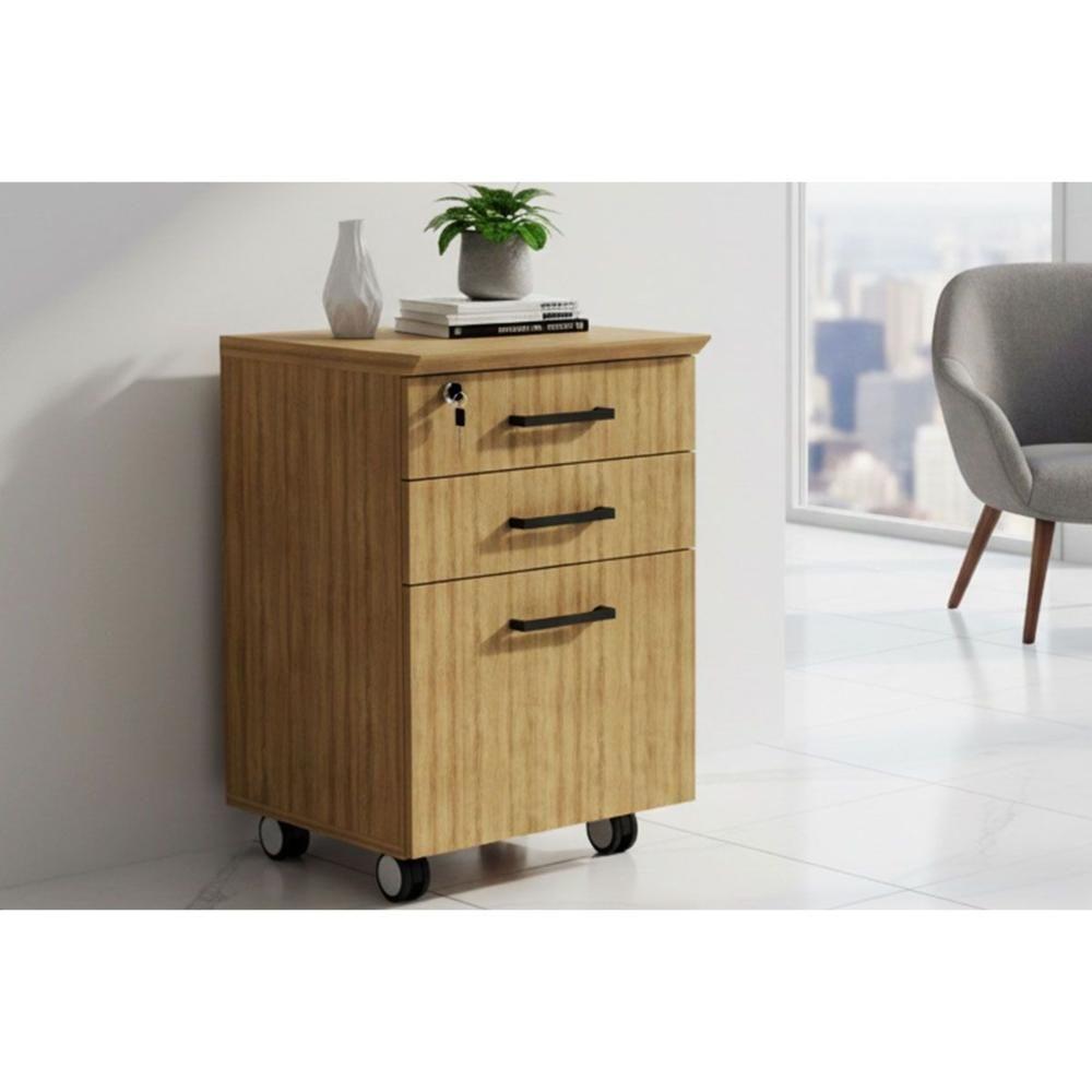 Gaveteiro P- Escritório Me-4196 C- 3 Gavetas (1 C- Chave) Amêndoa - Tecno Mobili - 1