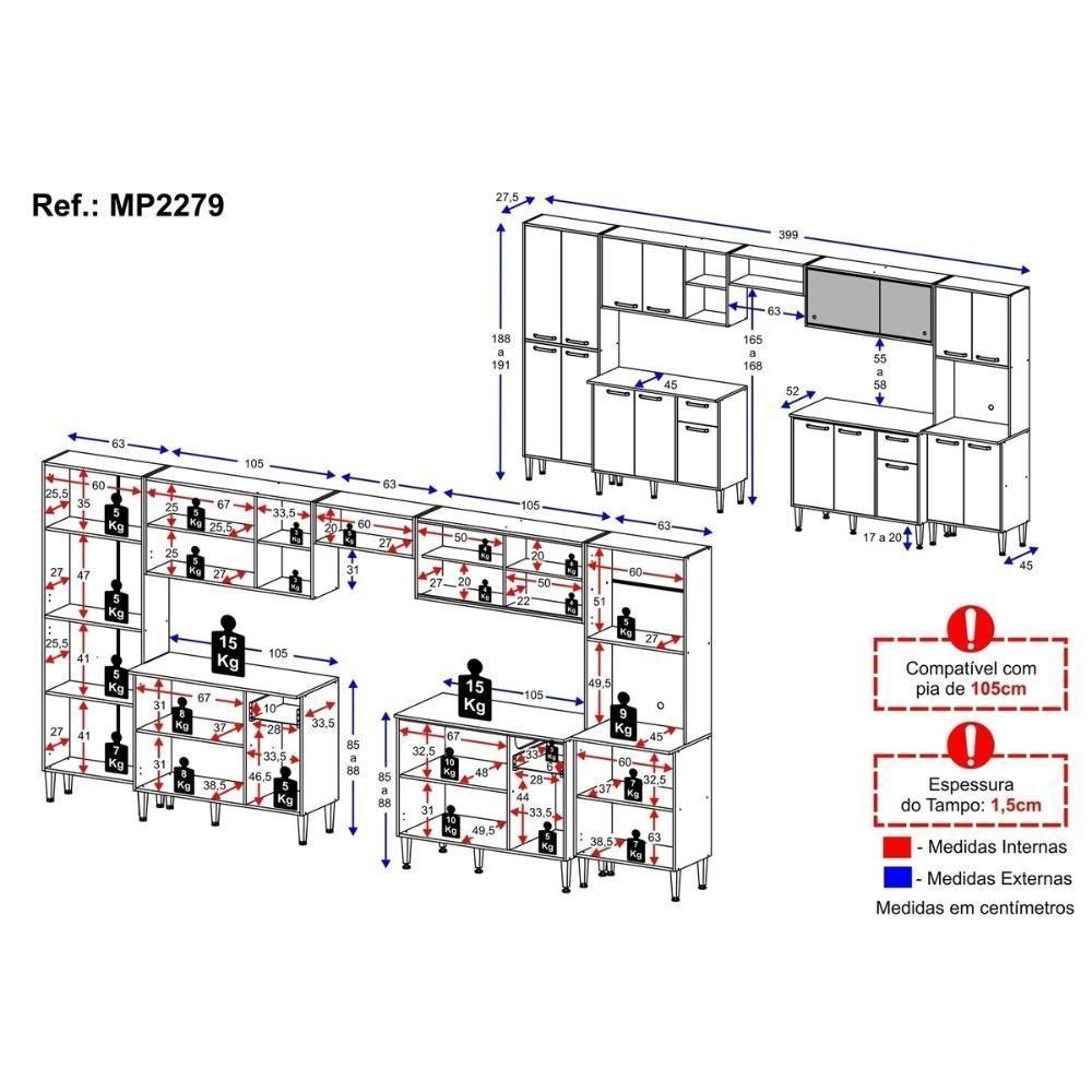 Armário De Cozinha Modulada Completa Compacta 399cm Com Balcão De Pia Multimóveis Mp2279 Branco - 4