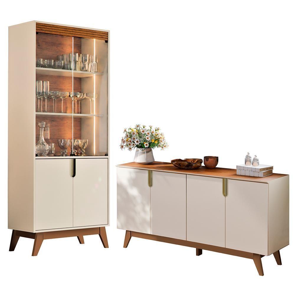 Sala De Jantar Com Cristaleira Paraty E Buffet Aparador Recife Off White-canela - Mobler Off White-canela - 1