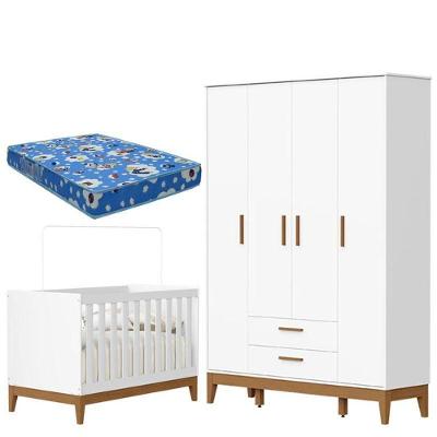 Guarda Roupa Infantil 4 Portas Com Berço Americano Flip Branco Acetinado Com Colchão - Reller