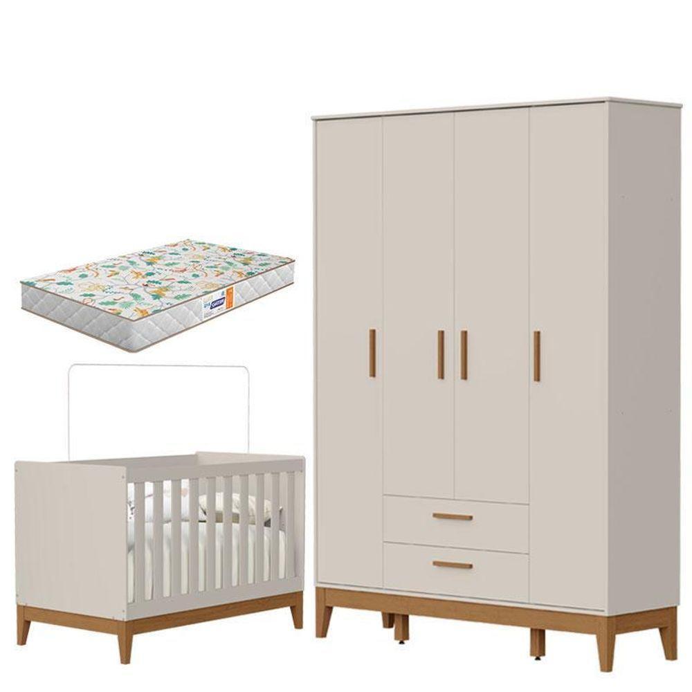Guarda Roupa Infantil 4 Portas Com Berço Americano Flip Areia Acetinado Com Colchão Gazin- Reller - 1