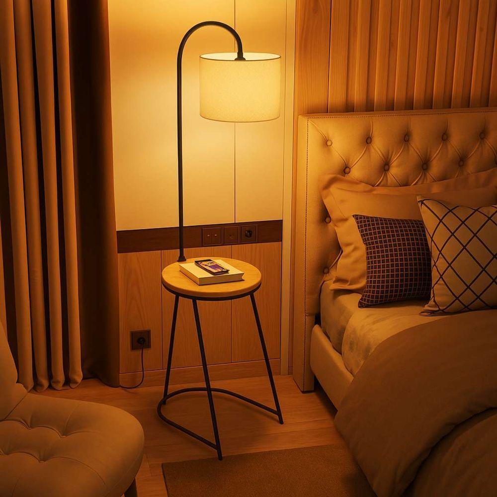 Luminária Abajur De Chão Mesa De Cabeceira Lateral Tampo Madeira Cúpula De Linho - 1