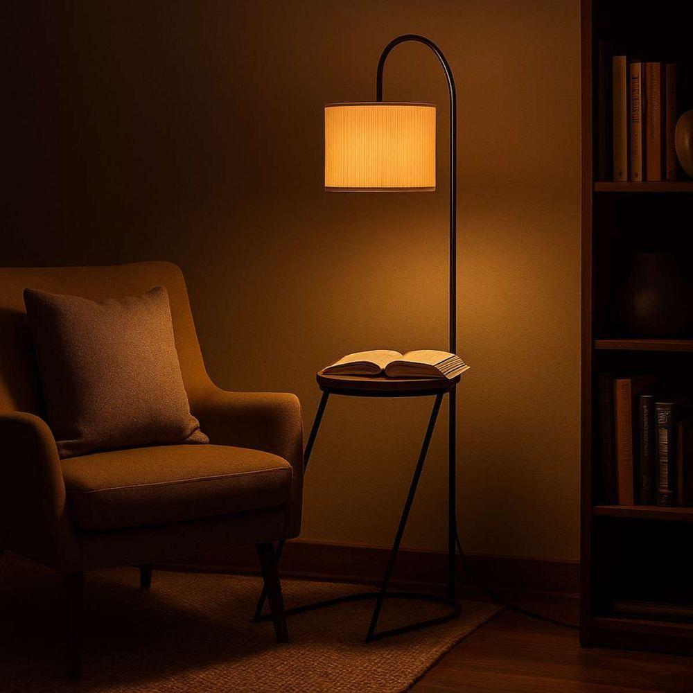 Luminária Abajur De Chão Mesa De Cabeceira Lateral Tampo Madeira Cúpula De Linho - 2