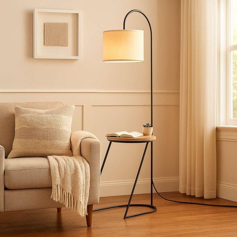 Luminária Abajur De Chão Mesa De Cabeceira Lateral Tampo Madeira Cúpula De Linho - 4