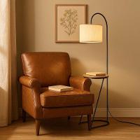 Luminária Abajur De Chão Mesa De Cabeceira Lateral Tampo Madeira Cúpula De Linho - 3