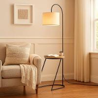 Luminária Abajur De Chão Mesa De Cabeceira Lateral Tampo Madeira Cúpula De Linho