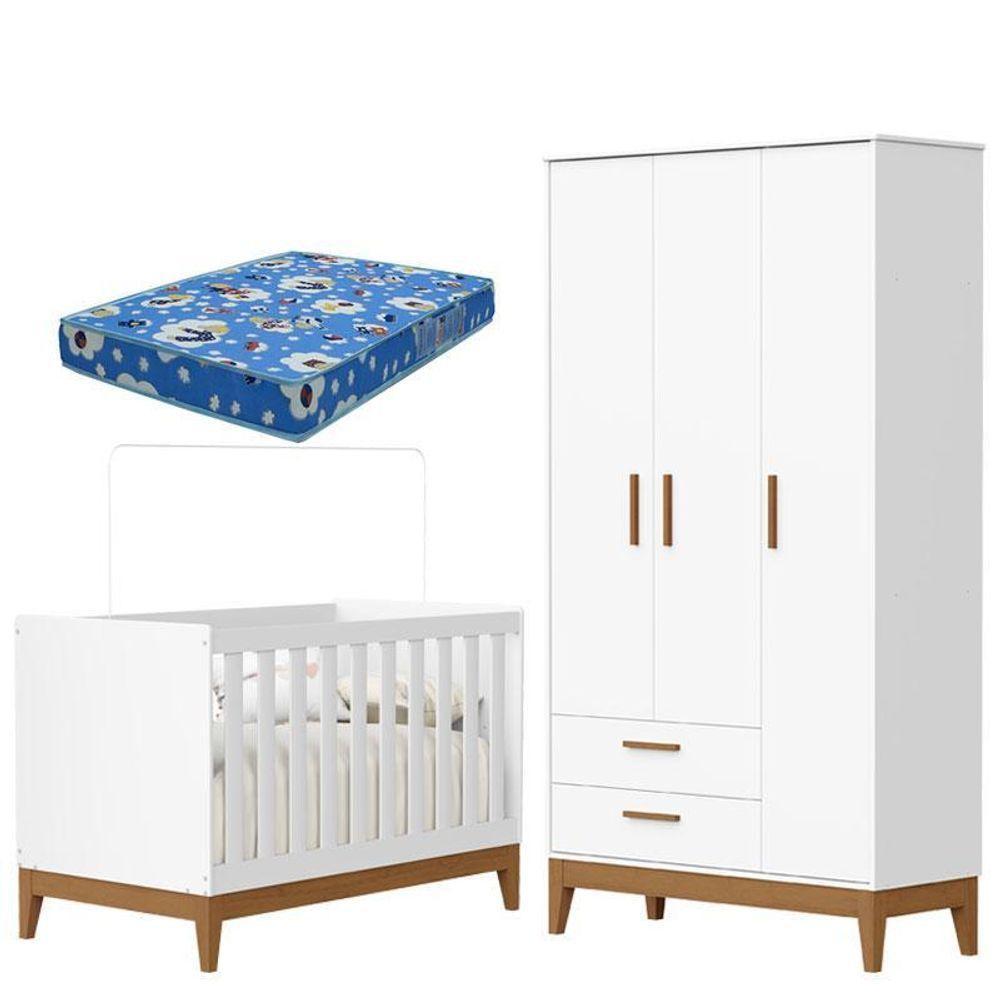 Guarda Roupa Infantil 3 Portas Com Berço Americano Flip Branco Acetinado Com Colchão Ortobom- Reller - 1