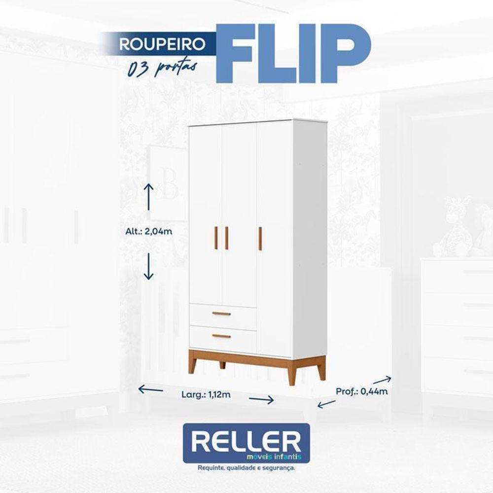Guarda Roupa Infantil 3 Portas Com Berço Americano Flip Branco Acetinado Com Colchão Ortobom- Reller - 4
