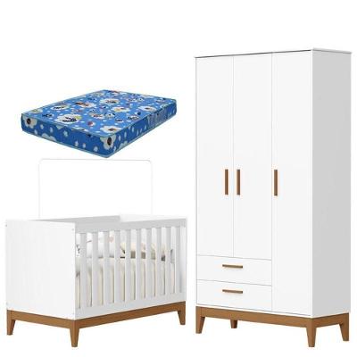Guarda Roupa Infantil 3 Portas Com Berço Americano Flip Branco Acetinado Com Colchão - Reller
