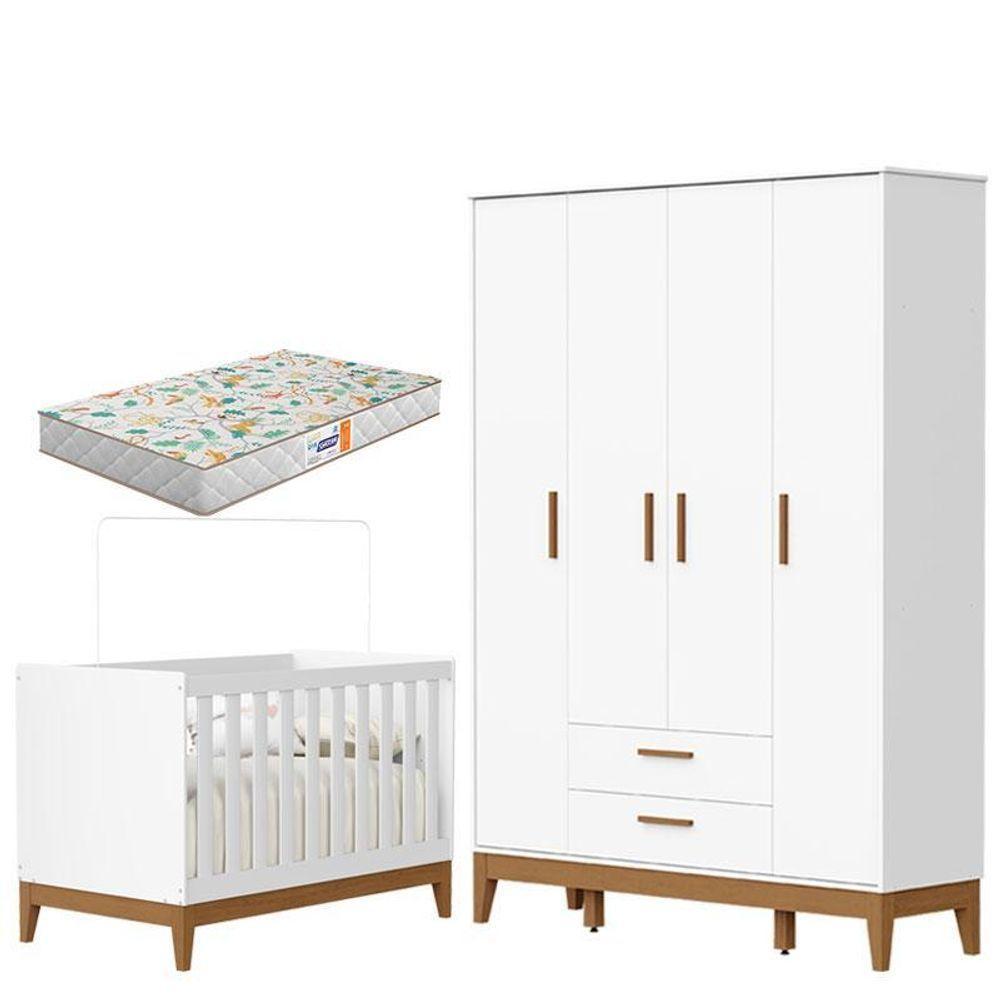 Guarda Roupa Infantil 4 Portas Com Berço Americano Flip Branco Acetinado Com Colchão Gazin - Reller - 1
