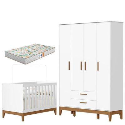 Guarda Roupa Infantil 4 Portas Com Berço Americano Flip Branco Acetinado Com Colchão Gazin - Reller