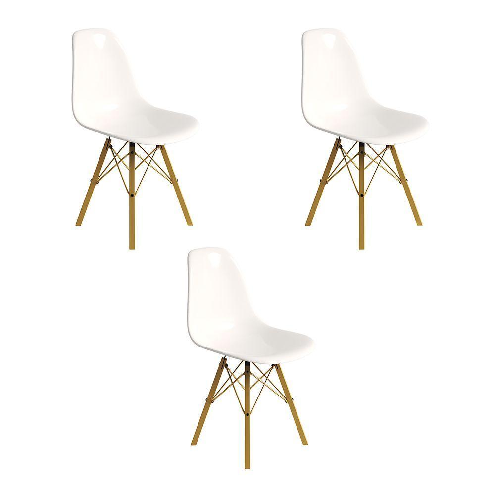 Conjunto 3 Cadeiras Eames Design Moderno Tubo De Ferro Dourado Assento Branco - 1
