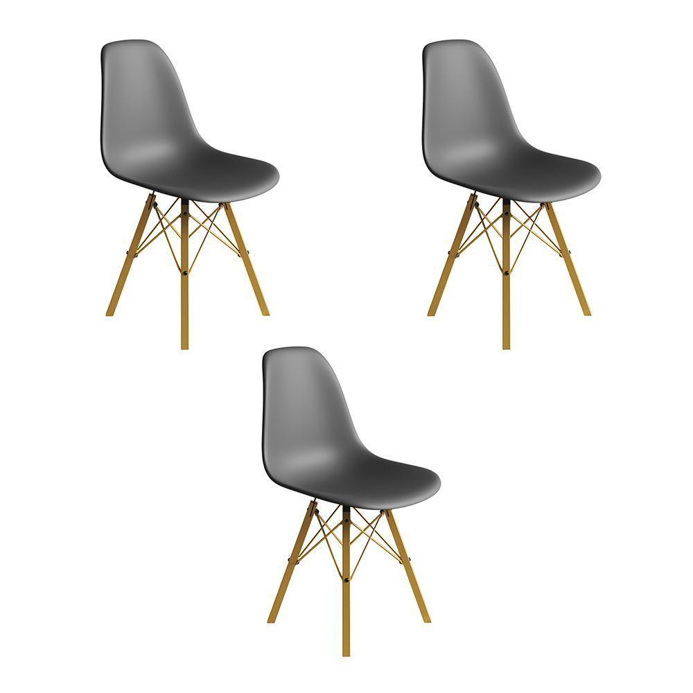 Conjunto 3 Cadeiras Eames Estilo Moderno Em Ferro Dourado Com Assento Cinza - 1