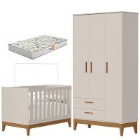 Guarda Roupa Infantil 3 Portas Com Berço Americano Flip Areia Acetinado Com Colchão Gazin - Reller - 1