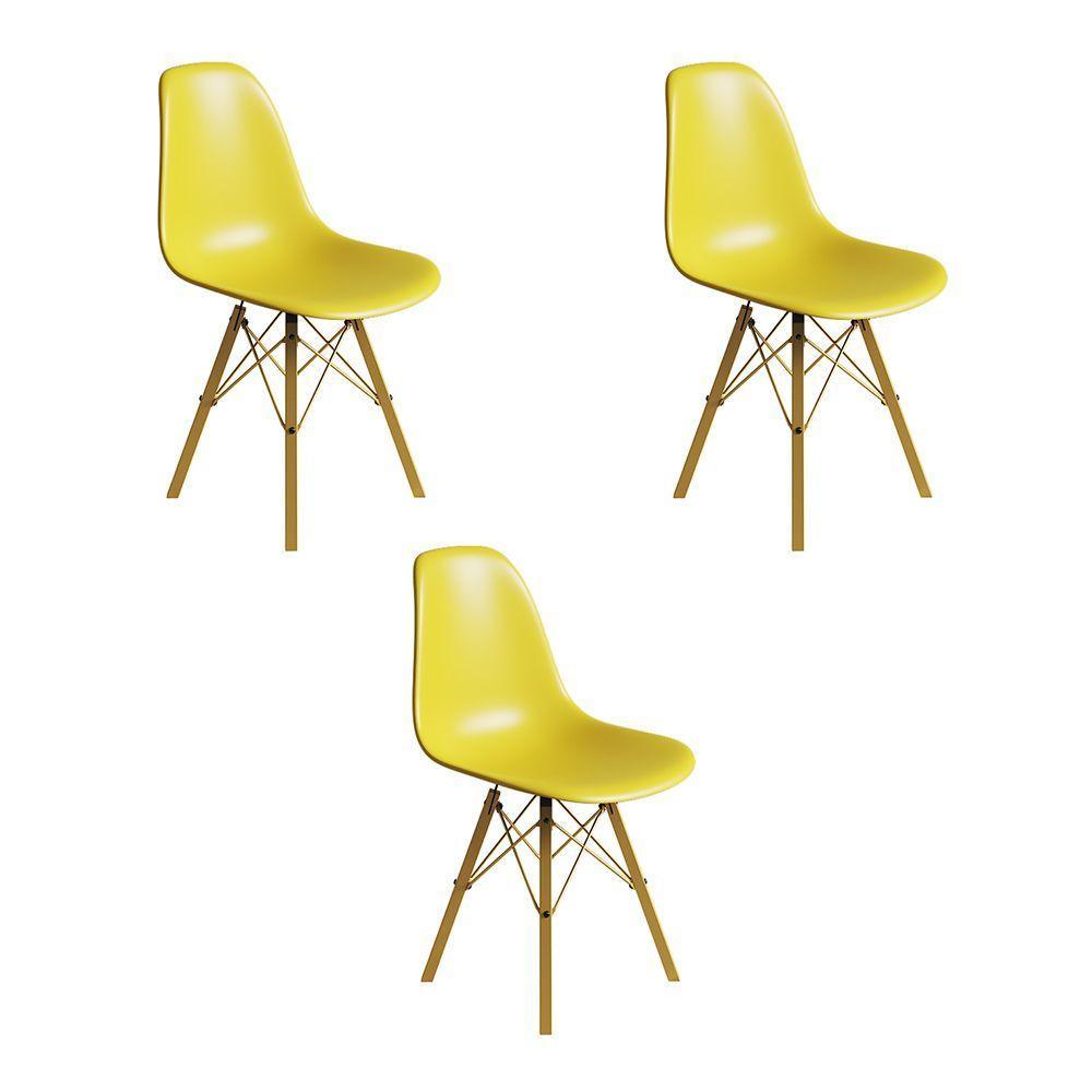 Conjunto 3 Cadeiras Eames Estilo Moderno Em Ferro Dourado Com Assento Amarelo - 1
