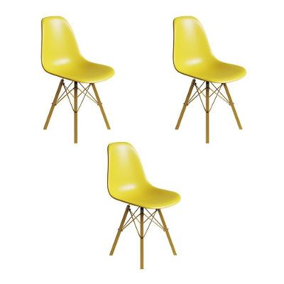 Conjunto 3 Cadeiras Eames Estilo Moderno Em Ferro Dourado Com Assento Amarelo
