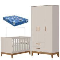 Guarda Roupa Infantil 3 Portas Com Berço Americano Flip Areia Acetinado Com Colchão Ortobom - Reller - 1