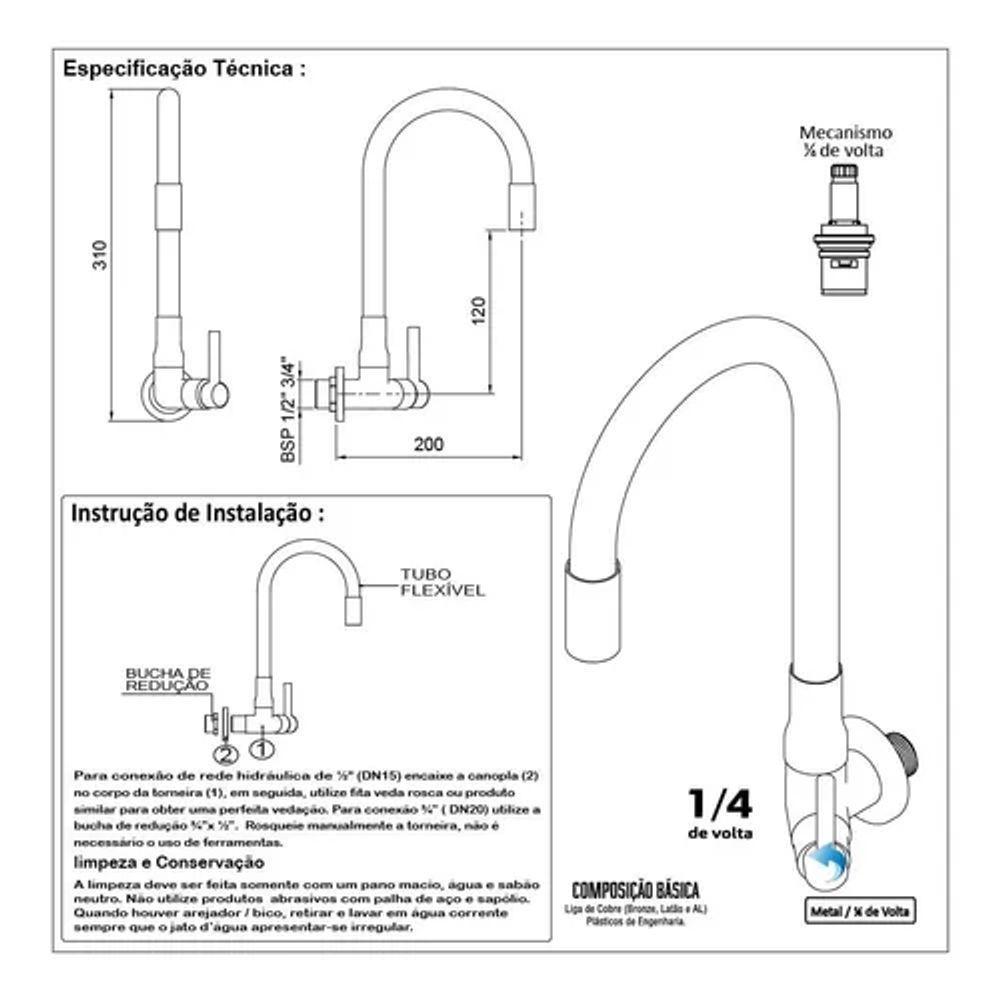 Torneira De Cozinha/banheiro Parede Flexível Preta E Dourada ¼ De Volta 3068 C61 - 8