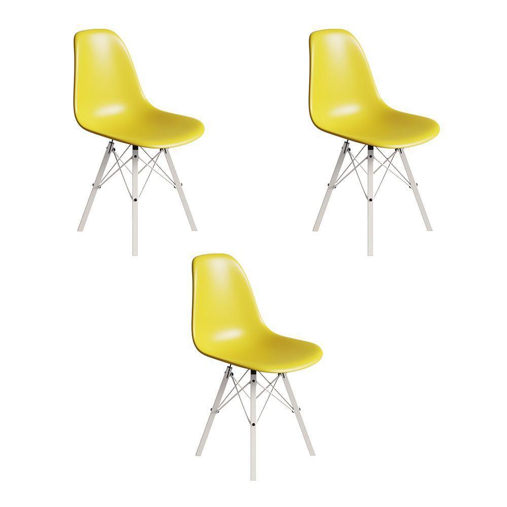 Conjunto 3 Cadeiras Eames Estilo Moderno Em Ferro Branco Com Assento Amarelo - 1