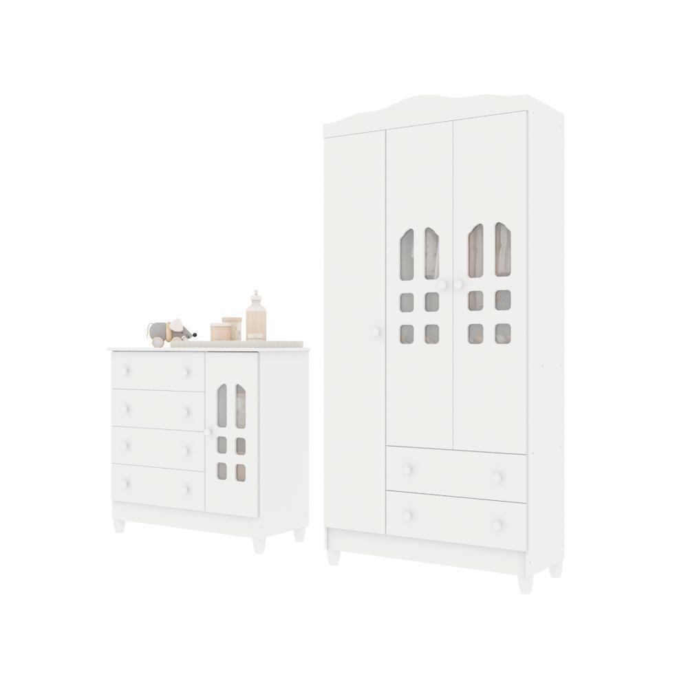 Quarto De Bebê Cômoda Com Fraldário Guarda Roupa 3 Portas Mirelle Branco Carolina Baby - 2
