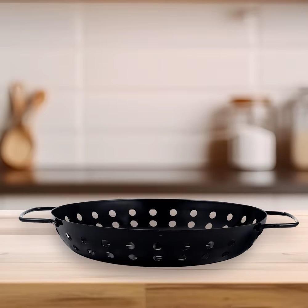 Panela Churrasqueira Fritadeira Grelha Antiaderente Cesto Churrasco Legumes Camarao Peixe Grelhado Com Alca Preta - 6