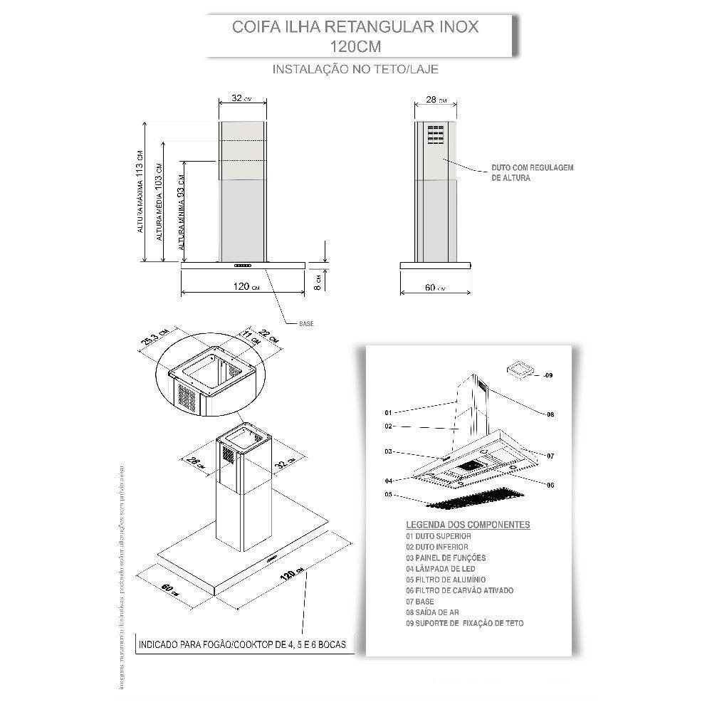 Coifa Nardelli Ilha Teto Retangular Inox 120 Cm Inox 110V - 2