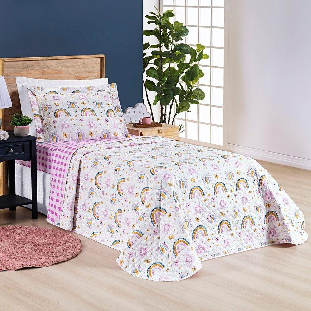 Kit Cobre Leito Solteiro Infantil Arco-íris 4 Peças Micropercal 200 Fios - 2