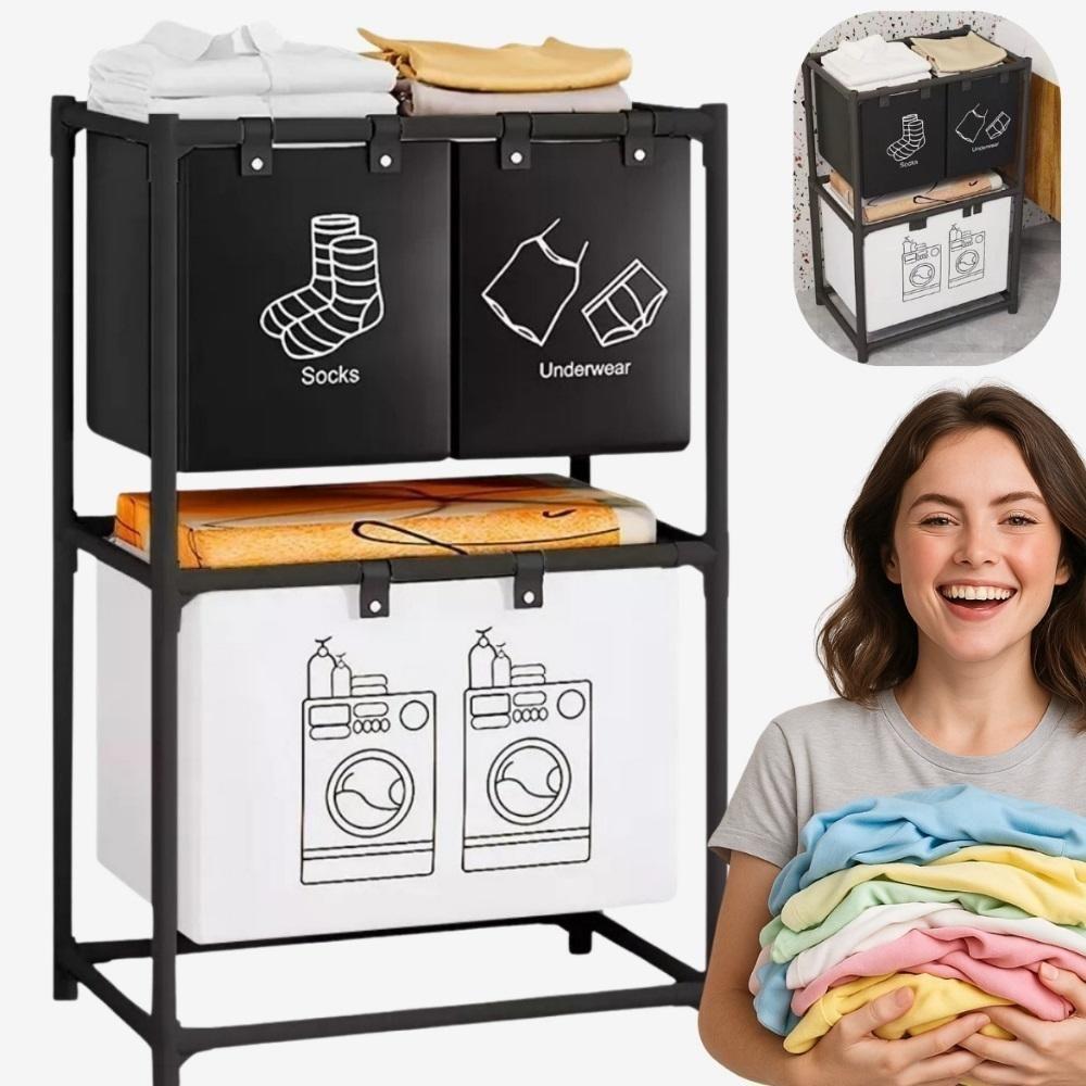 Cesto Lavanderia Triplo Estante Metal Roupa Suja 2 Andares Roupeiro 3 Divisorias Organizador Banheiro Multiuso Armario D - 3