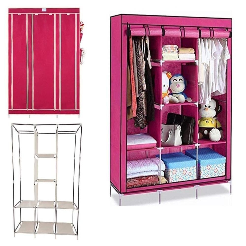Guarda Roupa Cabideiro Portatil Prateleiras Dobravel Armario Arara Grande Organizador Camping Rosa - 1