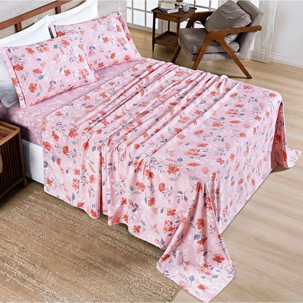 Jogo De Lençol Casal Sublime 400 Fios Micropercal Toque De Algodão 4 Peças Flora - 100% Poliéster - 2