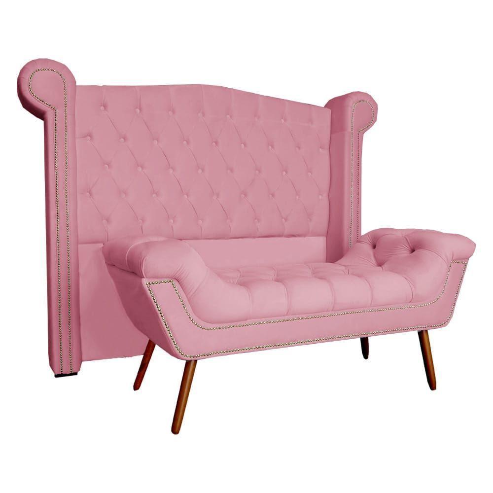 Kit Provença Cabeceira De Cama Box E Calçadeira Baú King 195 Cm Veludo Rosa Sj Móveis E Decoração - 1