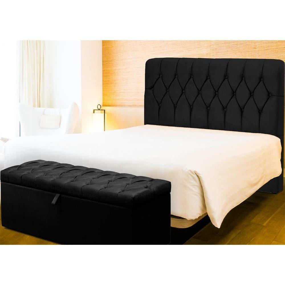 Kit Pérola Cabeceira De Cama Box E Calçadeira Casal Queen 160 Cm Suede Preto Sj Móveis E Decoração - 1