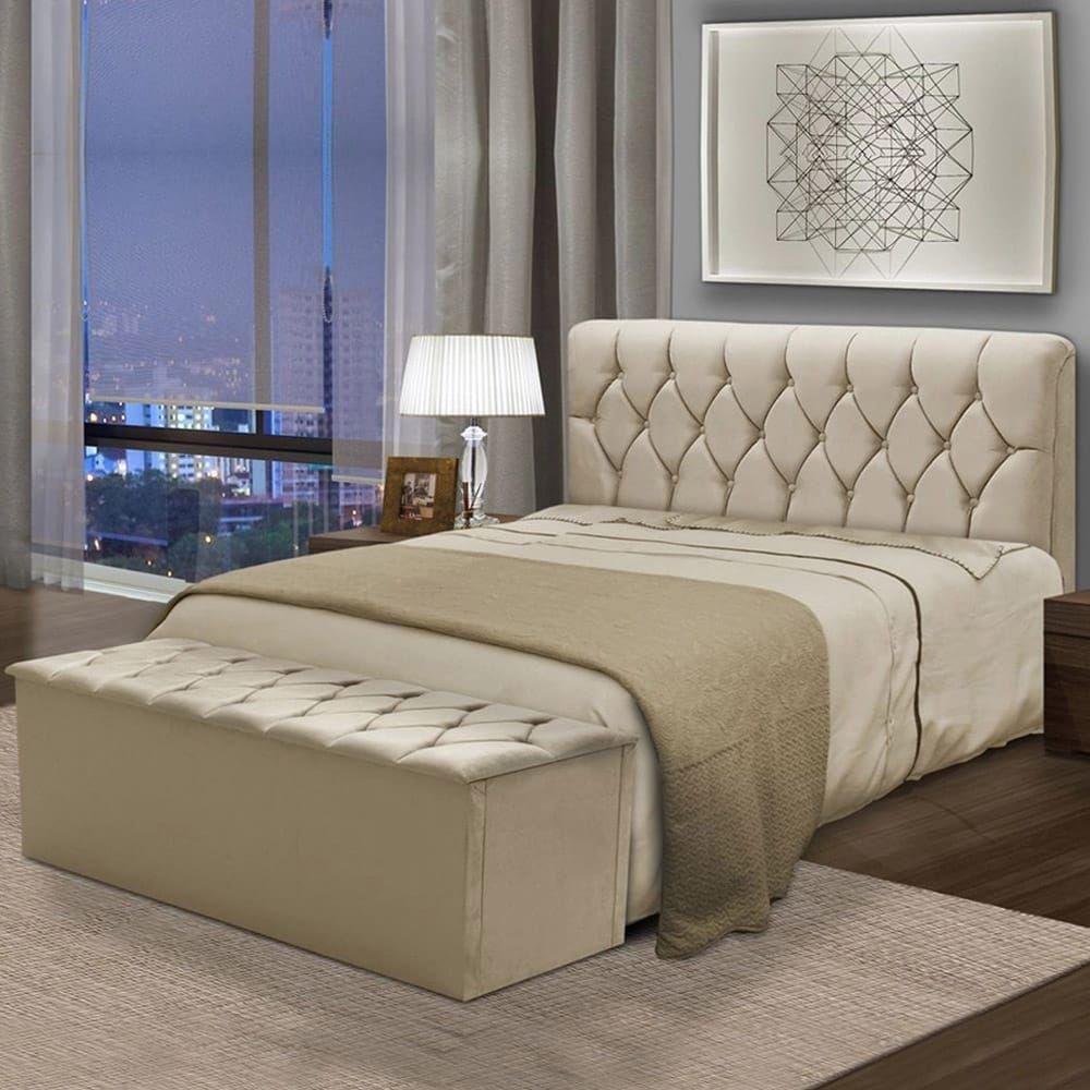 Kit Pérola Cabeceira De Cama Box E Calçadeira Casal 140 Cm Suede Bege Sj Móveis E Decoração - 1