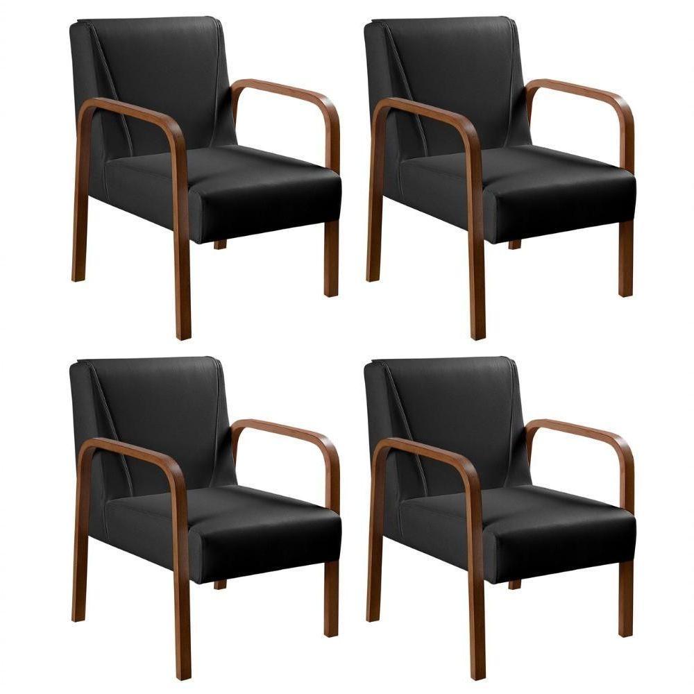Kit 4 Poltronas Anita Moderna Decorativa Braço Madeira Corino Preto 200 - 1