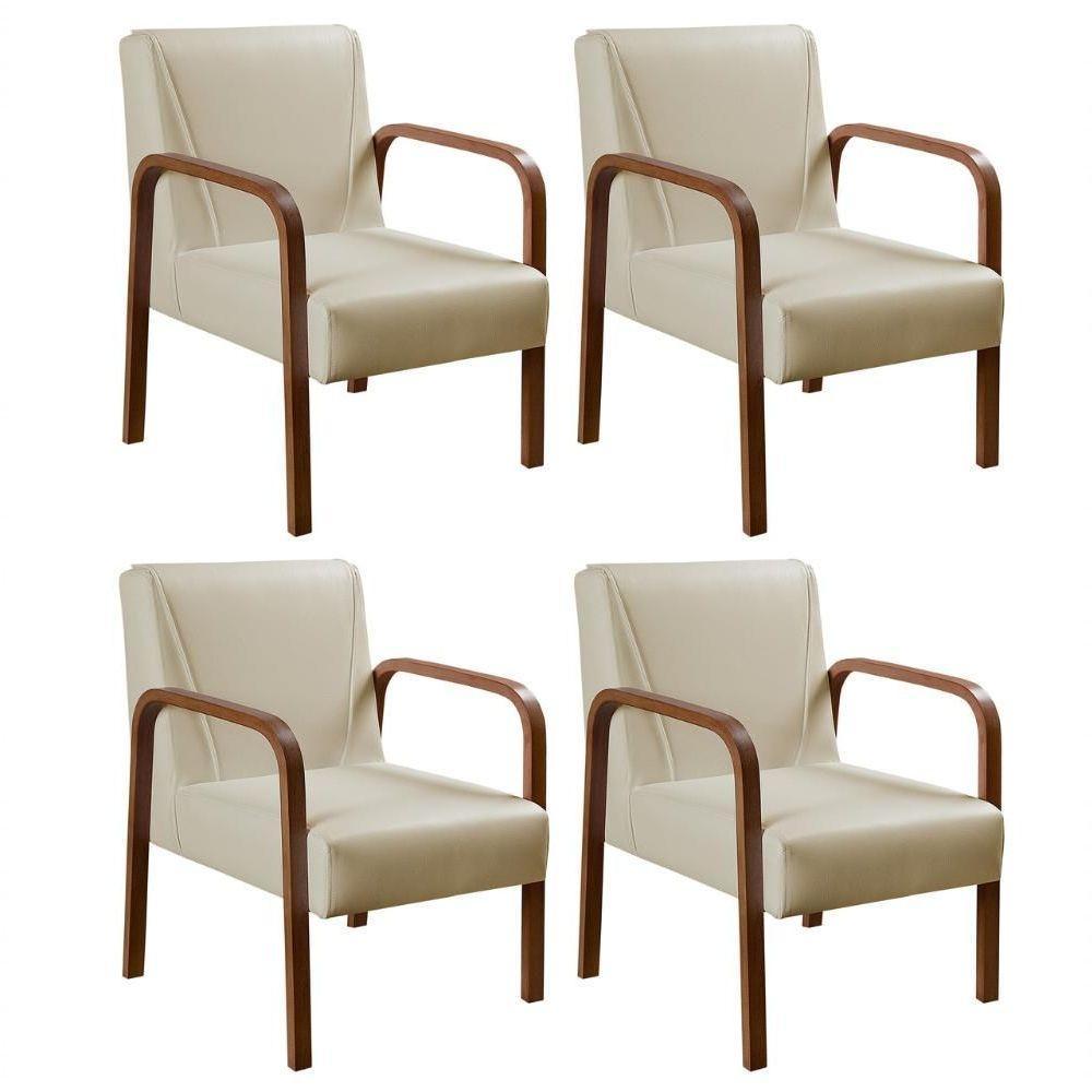 Kit 4 Poltronas Anita Moderna Decorativa Braço Madeira - Corino Bege 370 - 1
