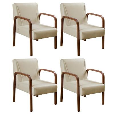 Kit 4 Poltronas Anita Moderna Decorativa Braço Madeira - Corino Bege 370