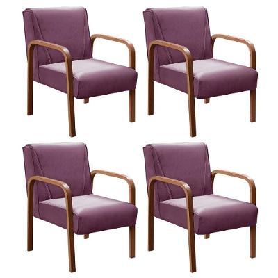 Kit 4 Poltronas Anita Moderna Decorativa Braço Madeira Veludo Roxo 380