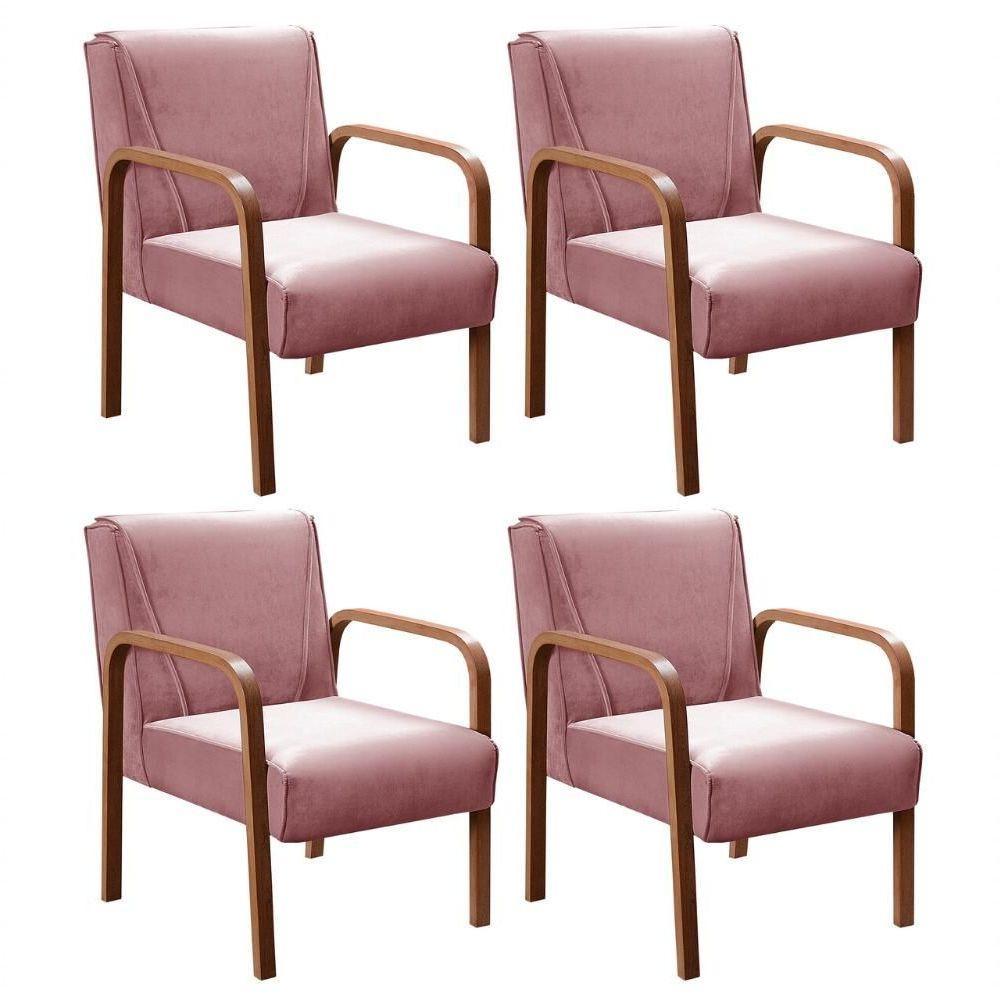 Kit 4 Poltronas Anita Moderna Decorativa Braço Madeira Veludo Rosê 390 - 1