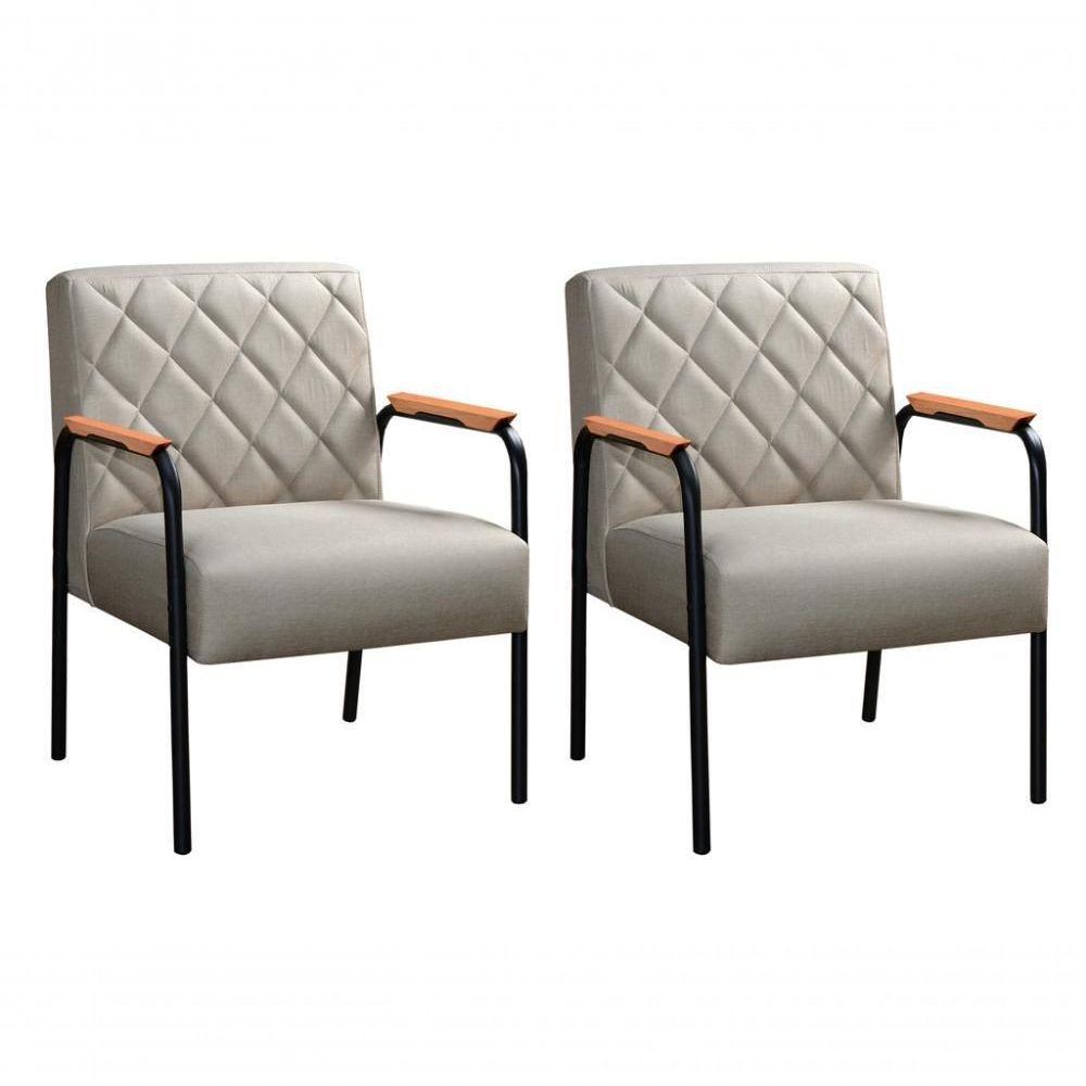 Conjunto 2 Poltronas Ludmilla Cadeira Decorativa Sala Recepção Escritório - Linho Bege 140 - 1