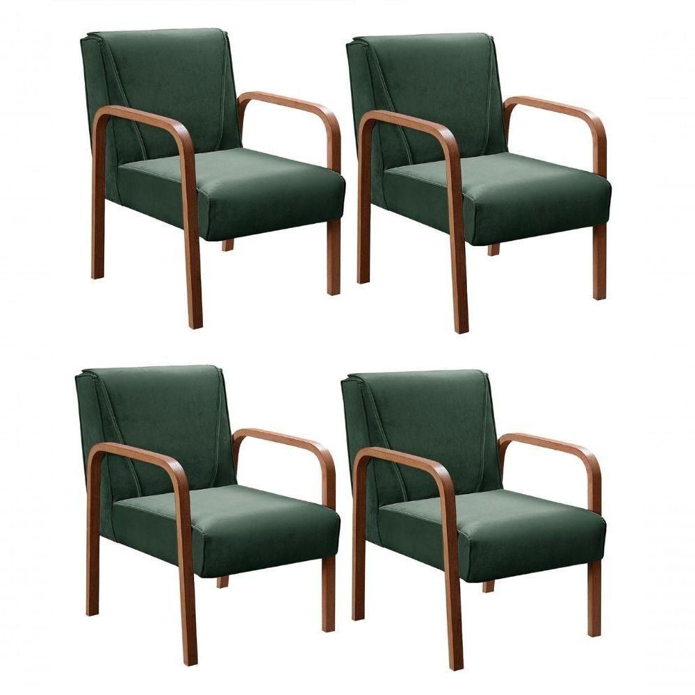 Kit 4 Poltronas Anita Moderna Decorativa Braço Madeira Veludo Verde 270 - 1
