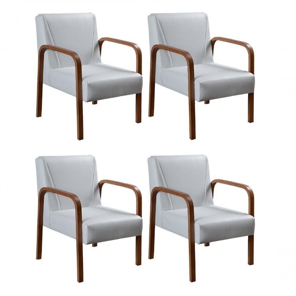 Kit 4 Poltronas Anita Moderna Decorativa Braço Madeira Corino Branco 190 - 1