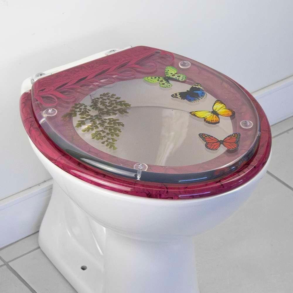 Assento Sanitario Poliester Decorado Borboletas Magenta Convencional Para Bacia Icasa 6lpf - 3