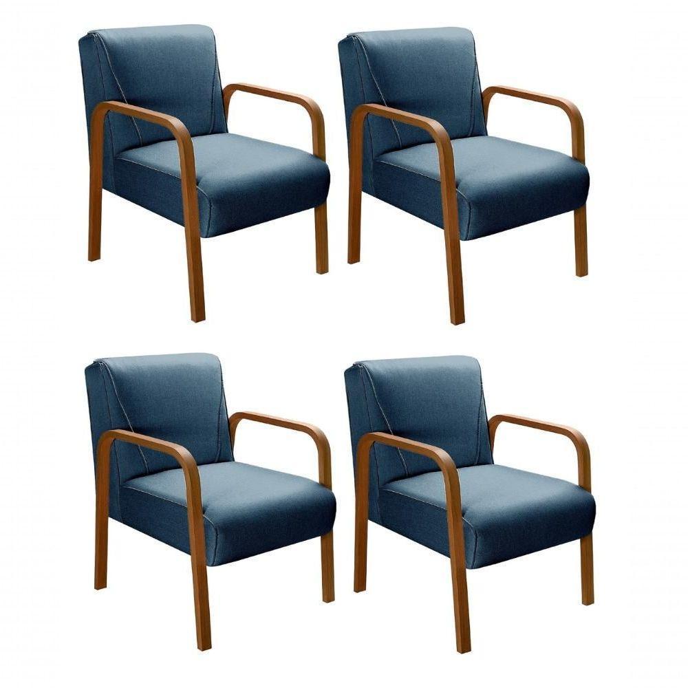 Kit 4 Poltronas Anita Moderna Decorativa Braço Madeira Linho Azul 330 - 1