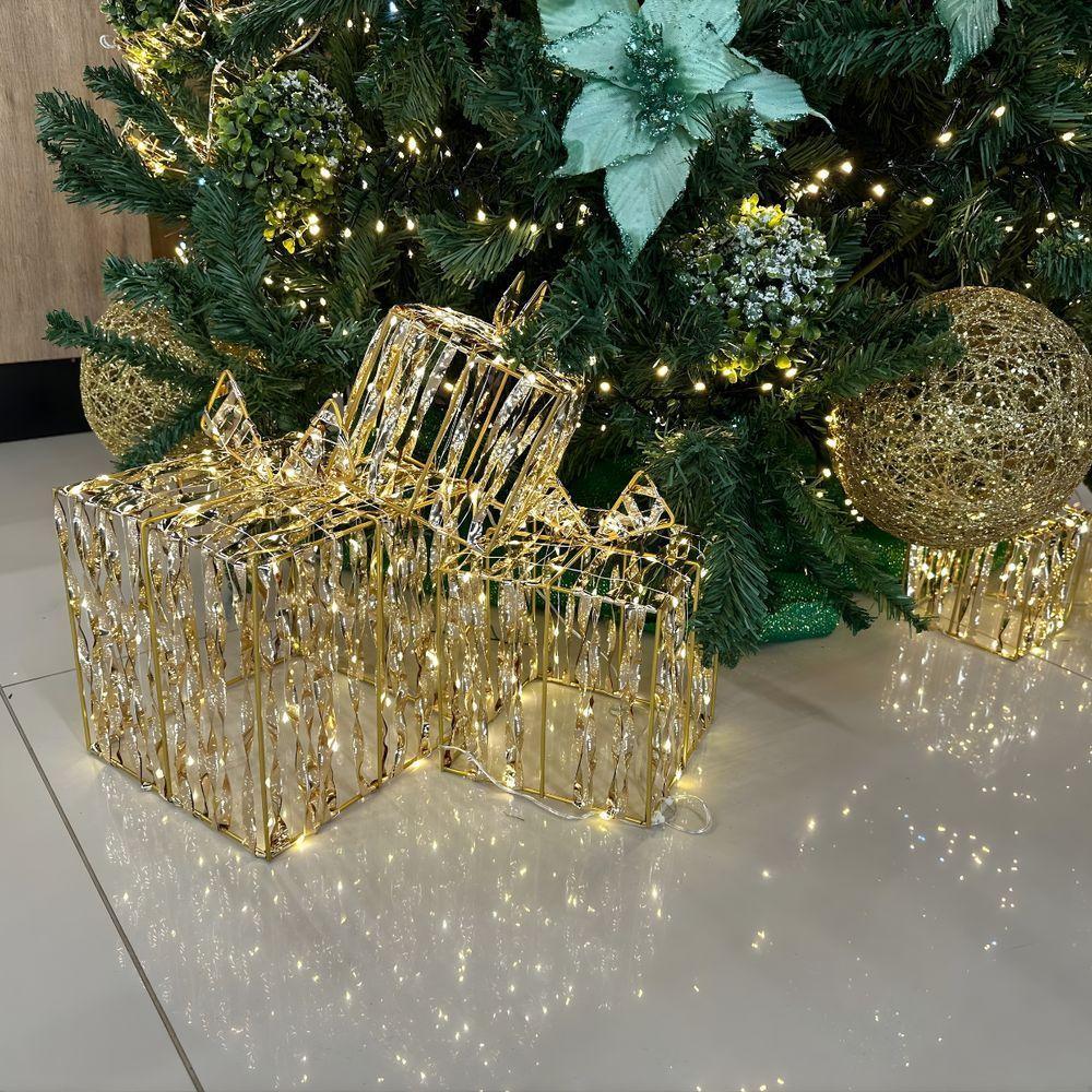 Enfeite Natalino Iluminado Led 3 Caixas De Presentes Dourada Bivolt - 2