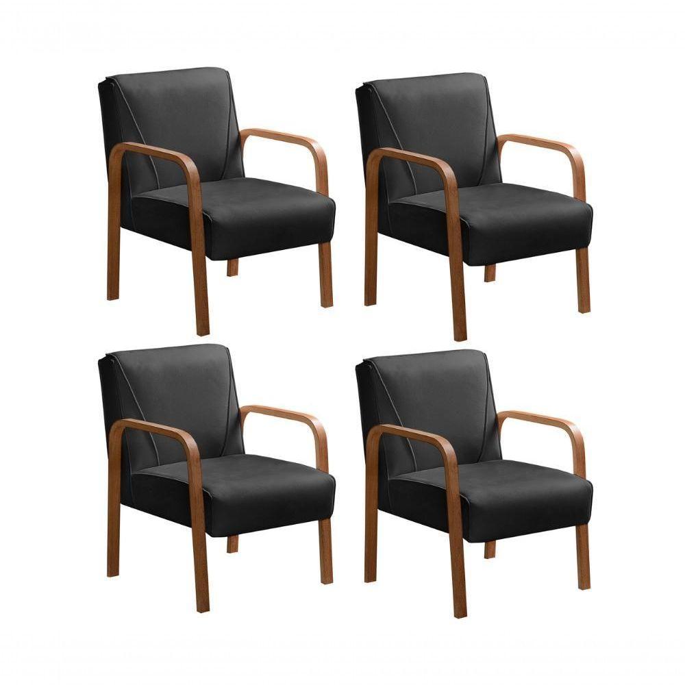 Kit 4 Poltronas Anita Moderna Decorativa Braço Madeira Veludo Preto 410 - 1