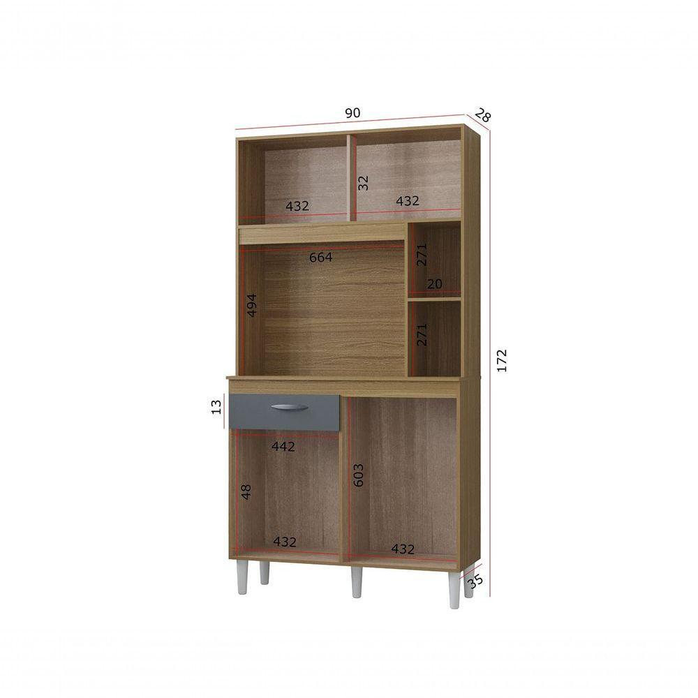 Cozinha Compacta Armário Organizador Duda 90cm Com Gaveta Damasco/ripado Cinza - 4