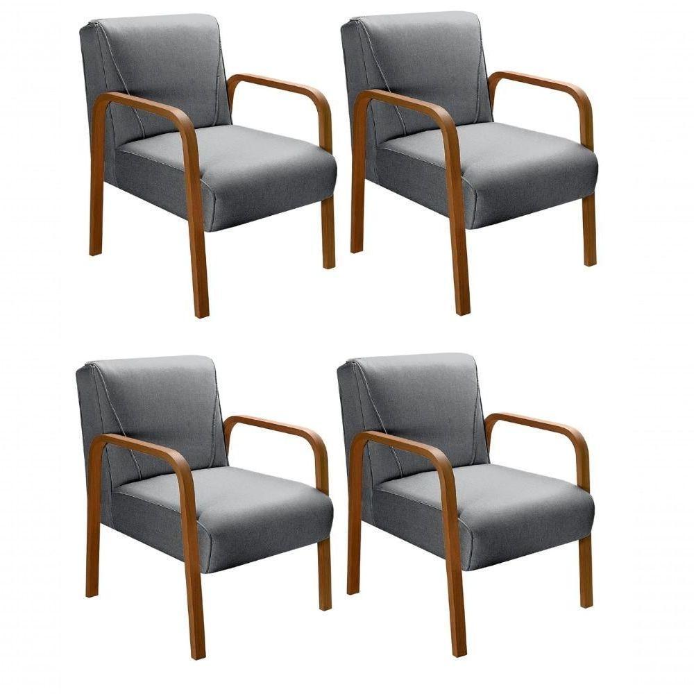 Kit 4 Poltronas Anita Moderna Decorativa Braço Madeira Linho Cinza 320 - 1